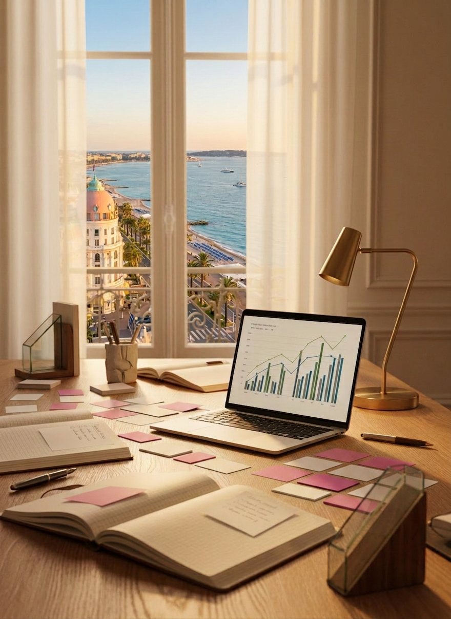 conseil stratégique A large, elegant oak desk arranged as a strategic consulting workspace, covered with neatly spread premium paper notebooks, a sleek silver laptop showing abstract charts, and carefully placed color-coded sticky notes without text. Behind the desk, a tall window reveals a soft-focus Parisian skyline with classic rooftops. Late afternoon natural light filters through sheer white curtains, casting gentle, elongated shadows across the warm wood grain. Photographic realism at eye level, with a shallow depth of field that keeps the desk in crisp focus while the city beyond blurs softly. The mood is calm, focused, and professional, evoking high-end strategic thinking for established creative businesses.